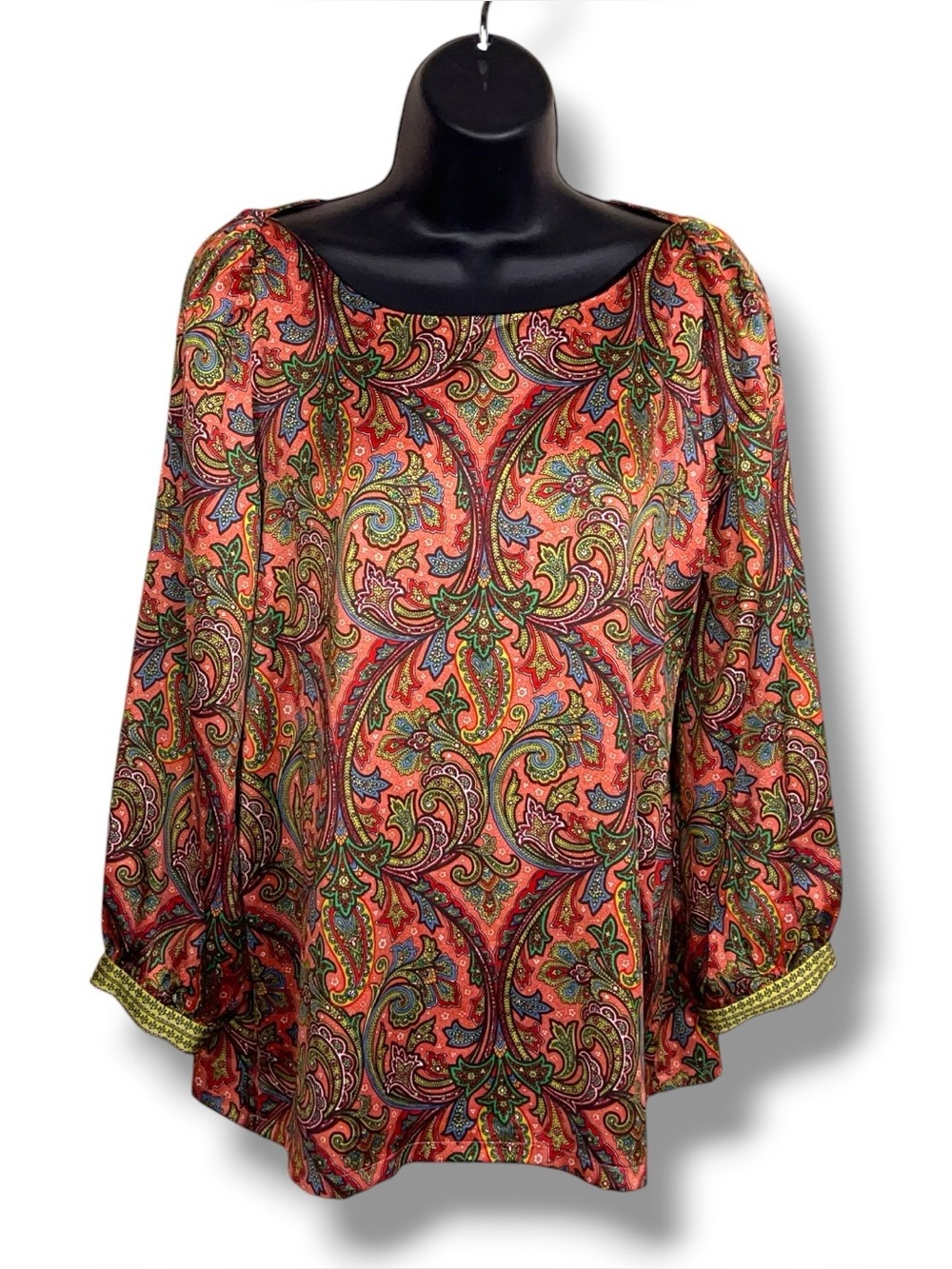 Small Ann Taylor Loft Colorful Paisley Satin Blouse Coral Orange Green Boho